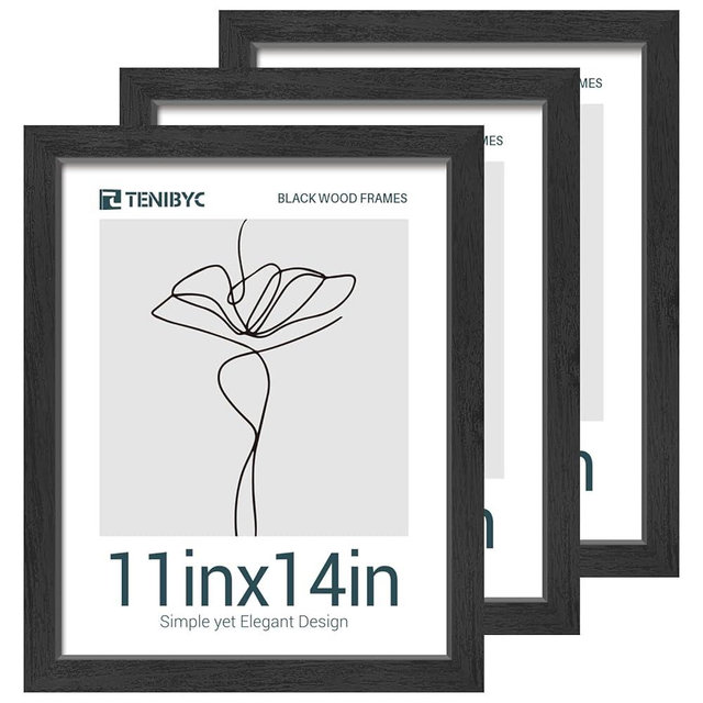 TENIBYC 11x14 Picture Frames Set - 3 Pack - Black Solid Wood Poster Frame - Tempered Glass - Exclusive Woodgrain - Rooms, Offices, Gallery, Studio, and Hallway, Wall Display Decor