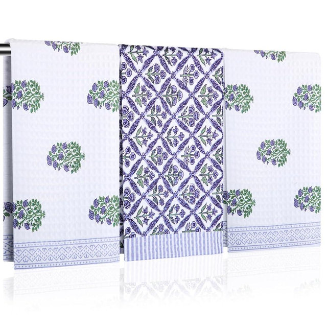 HunnmingRe 3 Pcs Block Print Floral Waffle Kitchen Towels 16 x 28 Inch Absorbent Quick Drying Waffle Weave Dish Cloths, Reusable Vintage Flowers Tea Towels for Cleaning and Drying