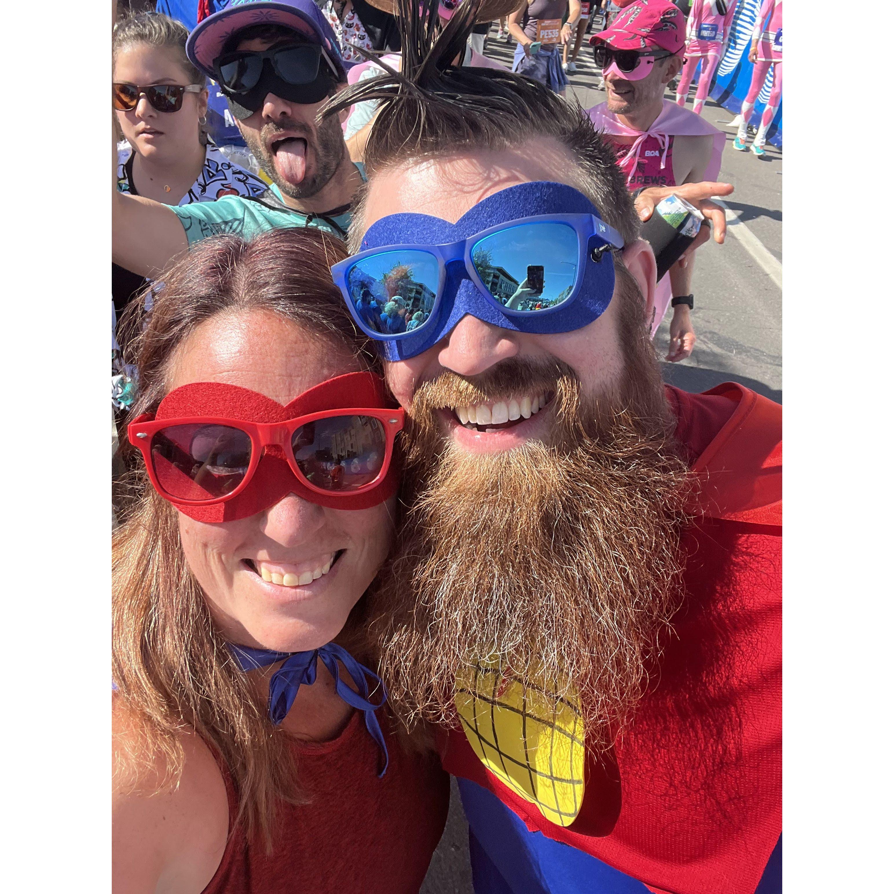 We dressed up like super heroes with a big group to "run" the BolderBoulder 10k in 2023