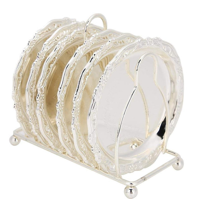 HERCHR 6PCS Metal Coasters with Decorative Rack, 3.9 Inch Drink Coasters, Non-Slip Metal Cup Mats Mini Snack Dish Tabletop Display for Bar,Home, Kitchen, Coffee Table Centerpieces Decoration, Silver