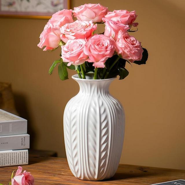 Lvases Matte White Ceramic Flower Vase, 10 Inch Unique Wheat Ear Textured Modern Large Vases for Trendy Home Decor Living Room Entryway Shelf Office Rustic Table Centerpiece (Matte White)
