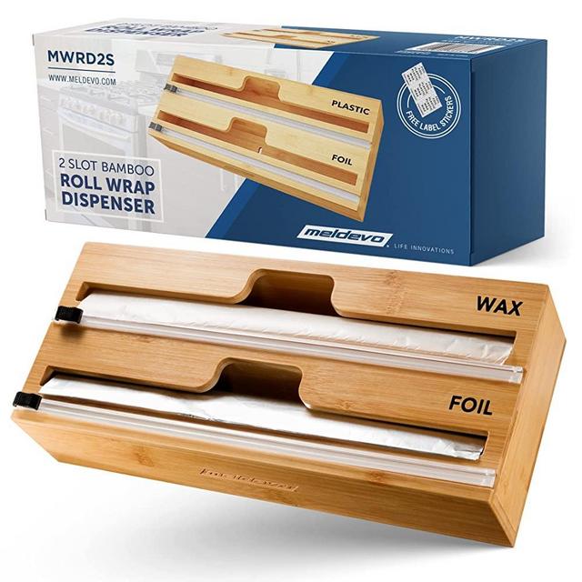 2 in 1 Wrap Dispenser with Cutter and Labels, Plastic Wrap, Aluminum Foil and Wax Paper Dispenser for Kitchen Drawer, Bamboo Roll Organizer Holder, Compatible with 12" Roll