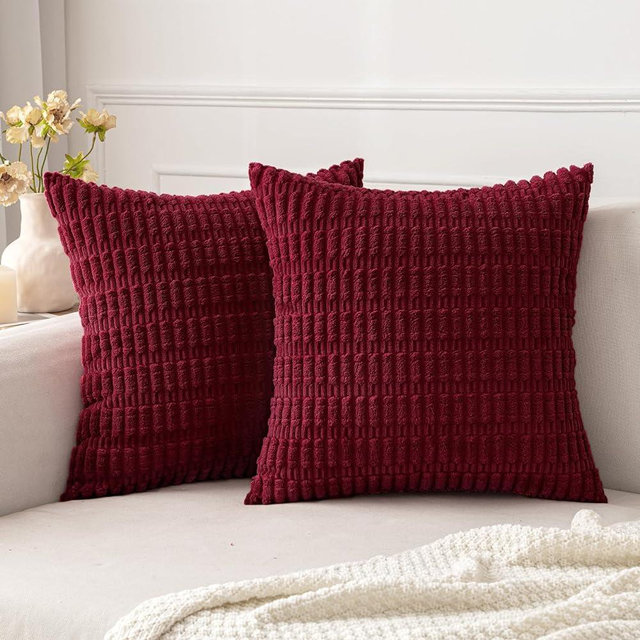 MIULEE Pack of 2 Burgundy CorduroyDecorative Throw Pillow Covers 18x18 Inch Soft Boho Striped Pillow Covers Modern Farmhouse Home Decor for Spring Sofa Living Room Couch Bed