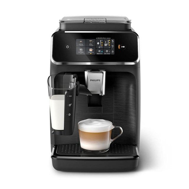 PHILIPS 2300 Series Fully Automatic Espresso Machine - 4 Beverages, Modern color touch screen display, LatteGo milk system, SilentBrew, 100% Ceramic Grinder, AquaClean Filter. Matte Black (EP2330/10)