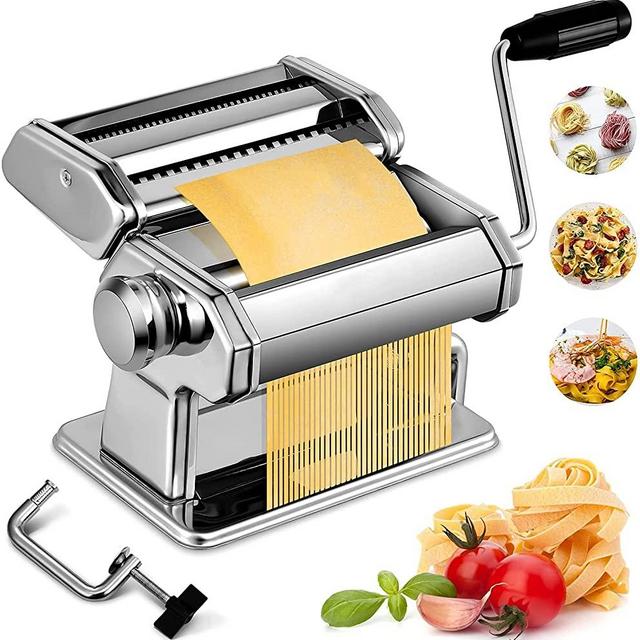 Pasta Maker Machine, Manual Stainless Steel Noodles Maker,7 Adjustable Thickness Settings Pasta Roller Press and Cutter for Spaghetti, Fettuccini, Lasagna or Dumpling Skins-Silver