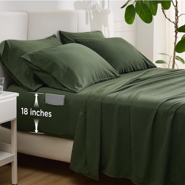 Bedsure Deep Pocket Queen Sheets - 6 Piece, Prewashed Ultra-Soft Queen Sheet Set, Fits Mattresses Up to 18 Inches Thick, Breathable & Secure Fit, Hotel Luxury Bedding, Olive Green