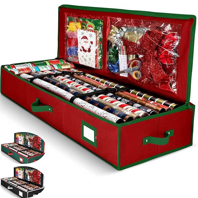 Gift Wrap Organizer, Christmas Wrapping Paper Storage Bag w/Useful Pockets for Xmas Accessories, Fits Upto 24 Rolls, Underbed Storage for Holiday Decorations, Large Capacity Storage Box