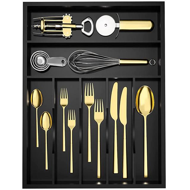 WUSHIZHUHUN Utensil Organizer Silverware Drawer Organizer - 7 Slots Bamboo Silverware Tray For Kitchen Cutlery Office Supplies Makeup Desk Storage Garage Tool Organization W13”x L17” (Black)