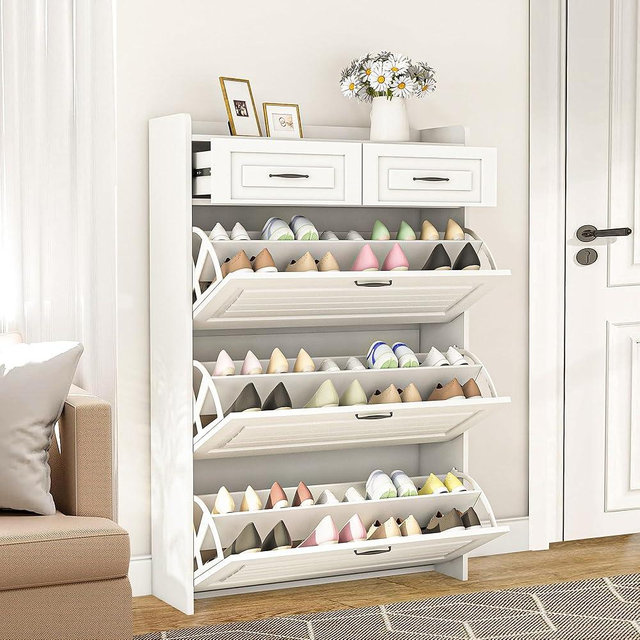 Vibe & Dine Narrow Shoe Organizer Cabinet with 3 Large Flip Drawers & 2 Storage Drawers - Slim Shoe Storage for Entryway, Hallway, Bedroom