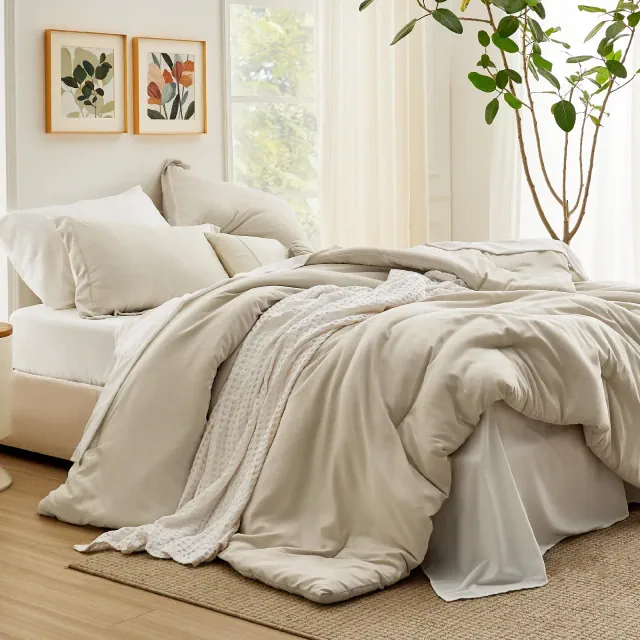 King Size Comforter Set - 7 Pieces Beige King Bedding Set for All Seasons, Boho Contrasting Design Bed in a Bag with Comforter, Sheets, Pillowcases &