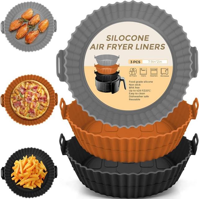 3 Pack Air Fryer Silicone Liners 8inch Air Fryer Silicone Pot Reusable Food Grade Silicone Airfryer Liners Baking Tray Basket Accessories Replacement of Flammable Disposable Parchment Paper Fit 3-7 QT