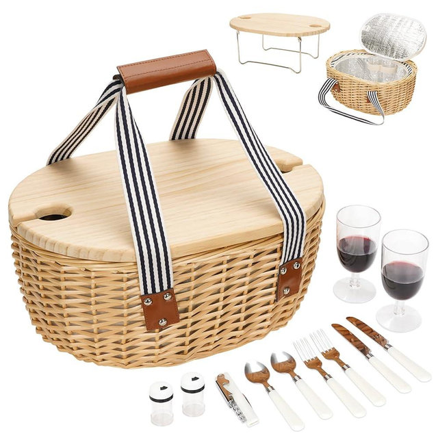 STBoo Picnic Basket for 2 - Wicker Picnic Set with Wine Table | Willow Basket Kit with Insulated Cooler Bag for Camping, Outdoor, Christmas, Party (Stripe)