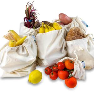 Bigger and Better Organic Cotton Reusable Produce Bags - Washable & Biodegradable by Collingwood Ecoware - Set of 6 - Fruit and Vegetable Bags for Grocery Shopping and Storage Organisation