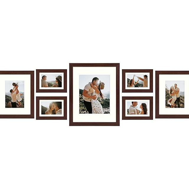 Golden State Art Gallery Wall Frames Set of 7, 11x14, 8x10, 5x7 Multiple Photo Frames Collage for Wall or Tabletop Displays with Mat or without Mat, Brown