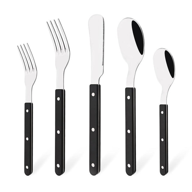 Uniturcky 5 PCS Stainless Steel Flatware Set for 1, Silverware Set with Colored Handles, Retro Style Forks Spoons and Knives Set, Vintage Eating Utensils, Black Acrylic Handle with Rivets Design