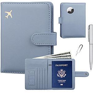 GOAUS Passport Holder for Travel with AirTag Slot Cards Cash Pocket, Faux Leather Travle Wallet Gifts for Women Men RFID Blocking Book Case Blue, AirTag Not Included