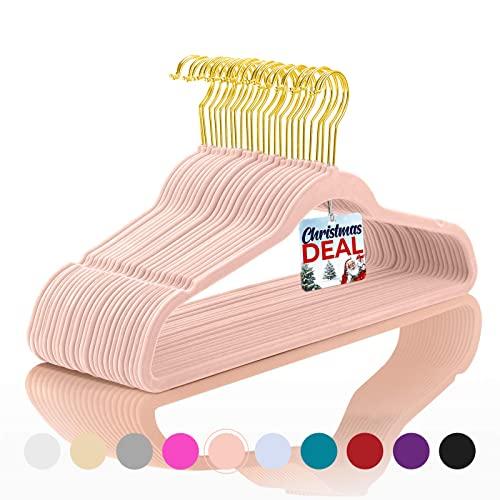 MIZGI Premium Velvet Hangers (Pack of 50) Heavyduty - Non Slip - Velvet Suit Hangers Blush Pink - Gold Hooks,Space Saving Clothes Hangers Felt Organizer (Blush Pink)