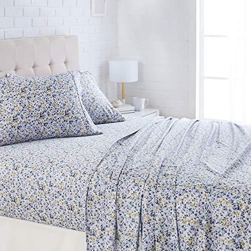 AmazonBasics Lightweight Super Soft Easy Care Microfiber Sheet Set with 16" Deep Pockets - Queen, Blue Floral