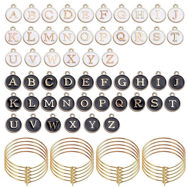 Aylifu 60pcs 25mm Wine Glass Charm Rings Earring Beading Hoop with 52pcs Black & White Letter Beads Charms Enamel Initial Charms