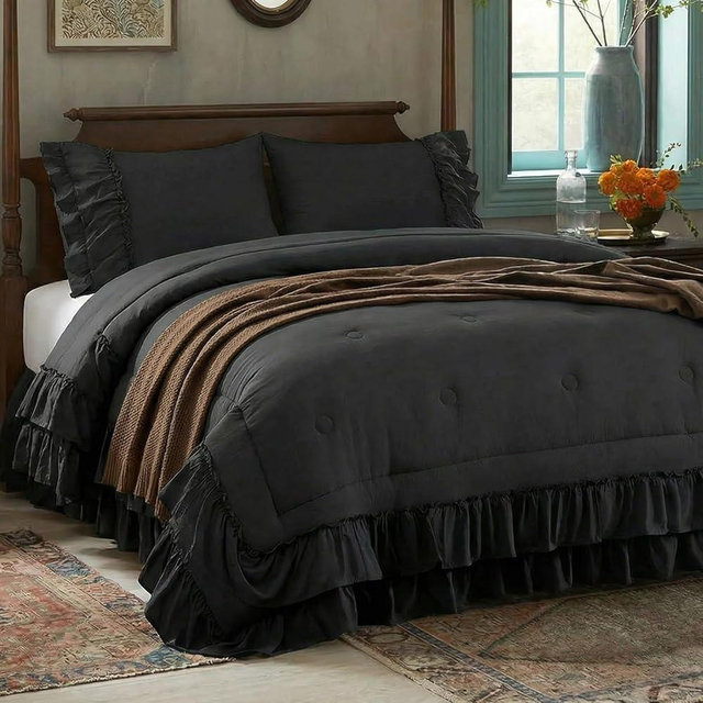Bedding_Dreamer Black Ruffle Comforter Set King, 3 Pieces Shabby Chic Farmhouse Bedding, Soft Microfiber Comforter with Matching Shams, All Season