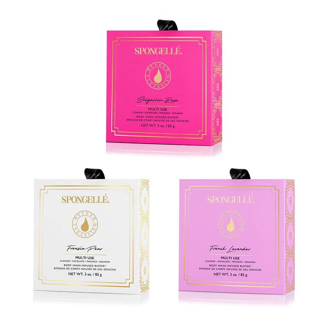 Spongelle Wild Flower Buffer Body Scrubber Bundle with Box | Bath & Shower Loofah for Women | Exfoliator with Body Wash Infused | 14+ uses (Bulgarian Rose, French Lavender, Freesia Pear)