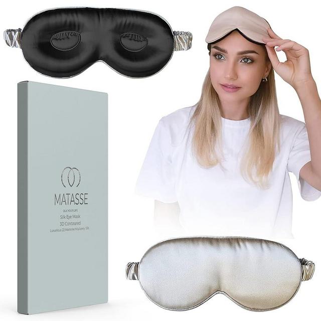 MATASSE Silk Your Life Silk Eye Mask - 3D Contoured Eye Mask for Sleeping, Eye Cover Sleep Mask w/Adjustable Silk Strap for Women, Men, No Wrinkles (Black-Champagne)