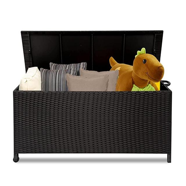 Eco Home 130 Gallon Ratten Wicker Patio Outdoor Storage Container, Deck Box Organization and Storage for Patio Furniture Outdoor Cushions, Throw Pillows, Garden Tools and Pool Toys (Black)