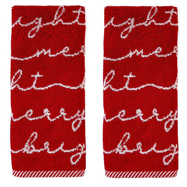 SKL Home Christmas/Winter Merry & Bright Hand Towel 2pc Set for Bath/Kitchen/Bar & Gift, Red