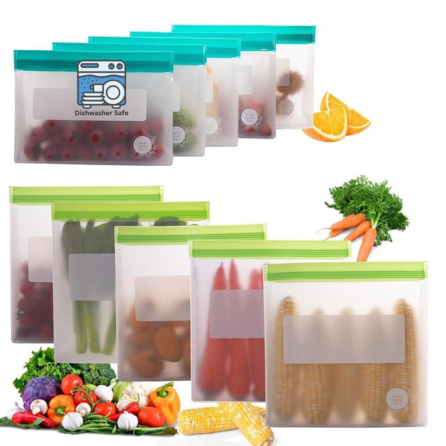 Reusable Food Storage Bags – 10-Pack Stand-Up, BPA-Free, Freezer, Dishwasher Safe & Eco-Friendly – 5 Gl, 5 L Bags – Airtight Leakproof Ziplock Bags for Kitchen Storage (Multicolor)