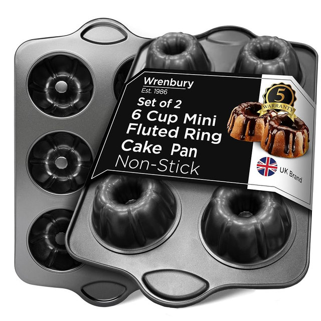 Wrenbury Set of 2 Nonstick Mini Buntz Cake Pan Non Stick for Baking - 6 Cup Bundlette Fluted Cake Tin for Small Cakes - PFOA Free and Dishwasher Safe - 3.75” Cup Width