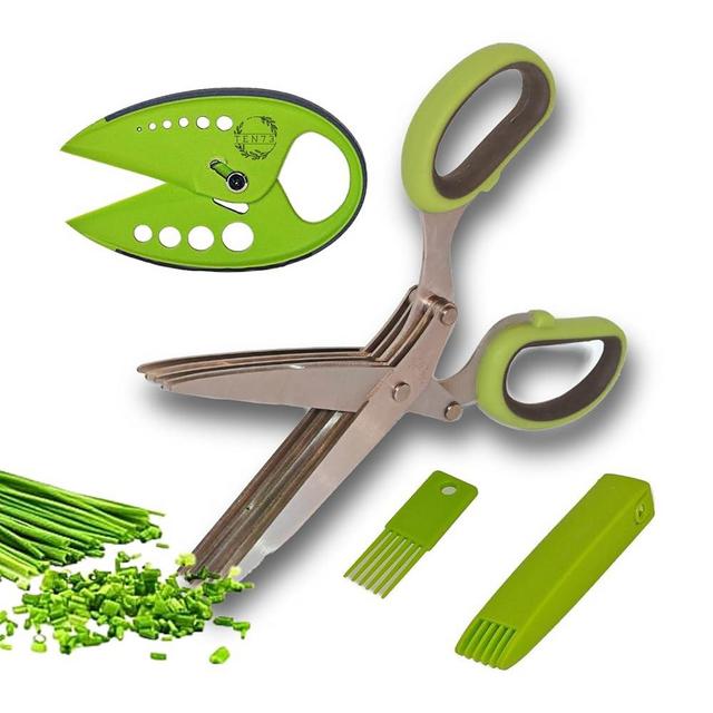 TEN73 - Herb Scissors, Stainless Steel Multipurpose 5 Blade Kitchen Herb Shears, Herb Cutter with Safety Cover and Cleaning Comb for Chopping Basil Chive Parsley