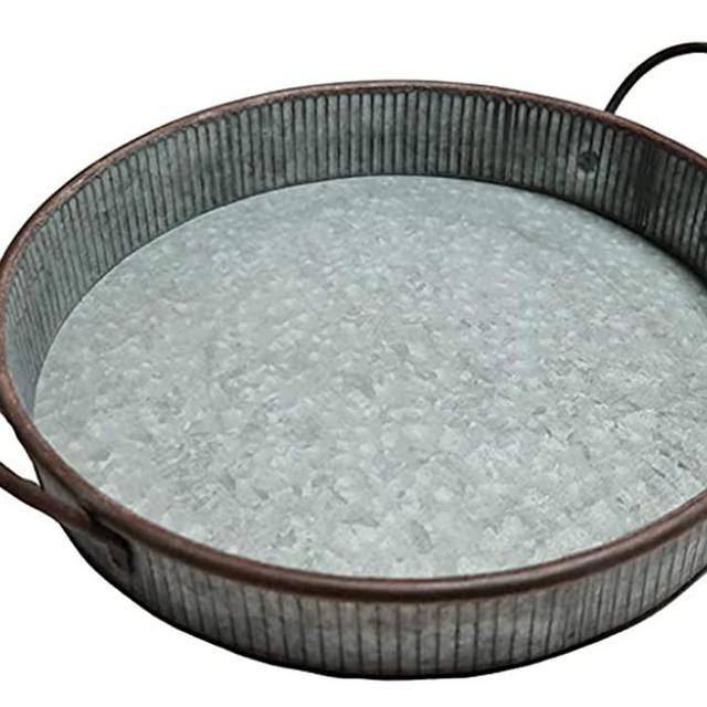 MANDII Galvanized Round Serving Tray with Handles | 13" Farmhouse Trays | Decorative Centerpiece for Coffee Table | Rustic Decor Kitchen and Dining Room | Indoor & Outdoor Silver Decoration (13")