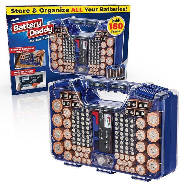 Ontel Battery Daddy Storage & Organizer Case with Tester, Stores & Protects Up to 180 Batteries, Double-Sided, Durable Design with Clear Locking Lid, Secure Latches & Portable Carrying Handle - Blue