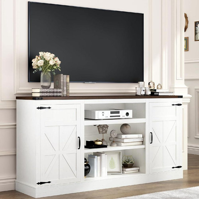 Hlivelood 66" Farmhouse TV Stand with Power Outlets for 75 65 Inch TVs, 33" Tall Entertainment Center with Storage Cabinets w/Adjustable Shelves, Rustic Large TV Media Console for Living Room, White
