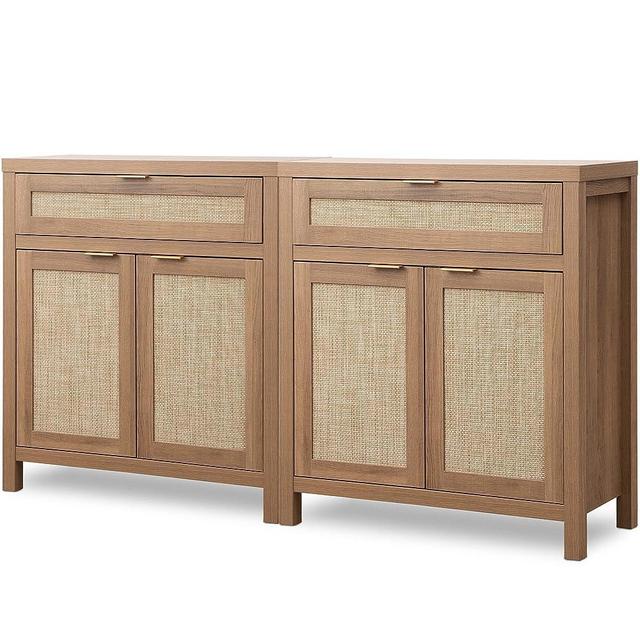 SICOTAS Sideboard Buffet Cabinet Set of 2, Rattan Credenza Storage Cabinet, Boho Buffet Table Console Cabinet with Drawer, Farmhouse Coffee Bar Cabinet for Entryway Living Dining Room, Natural Oak