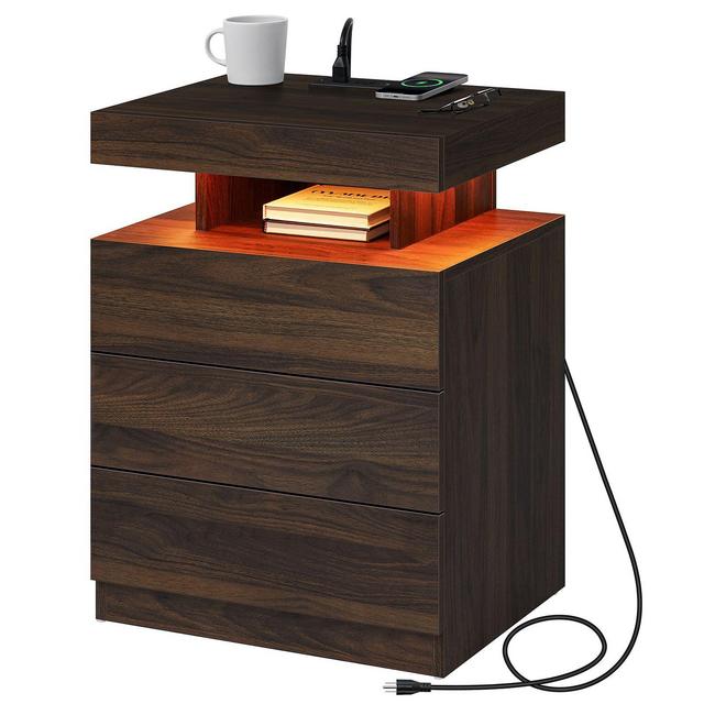 Hommpa 3 Drawer Nightstand with LED light & Wireless Charging Station Dark Walnut
