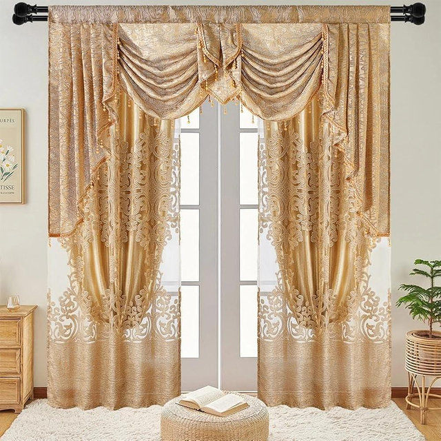 NAPEARL Jacquard Curtains and a Luxury Valance for Living Room, Dining Room Curtains & Drapes with Layer, Set of 2 Panels with Lining Satins (Gloden, W52 x L96)