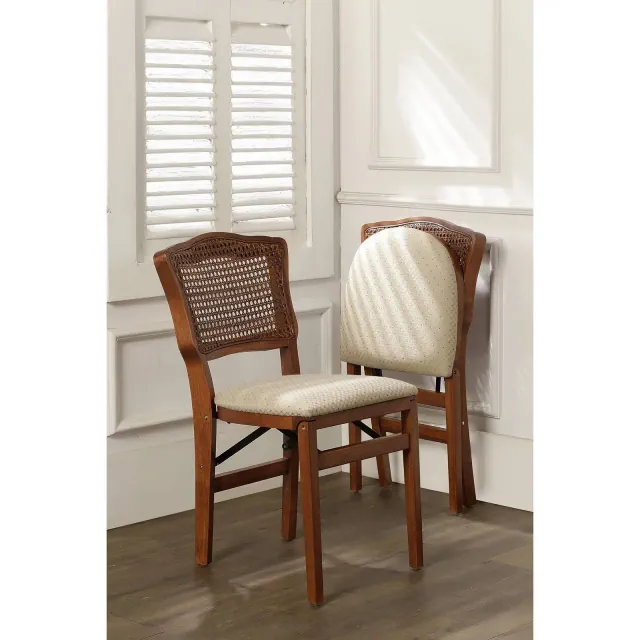 Stakmore Set of 2 French Cane Folding Chair Cherry Solid Hardwood, Padded, Fully Assembled