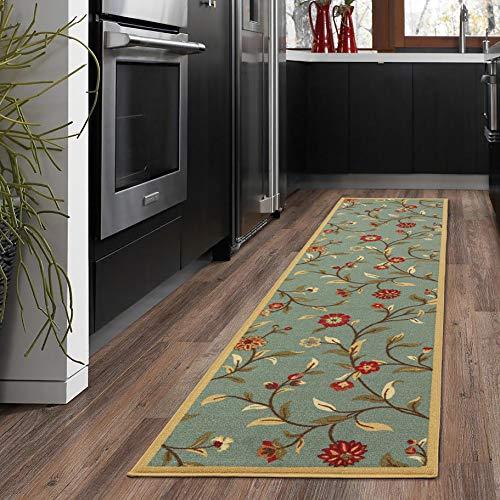 Ottomanson Ottohome Collection Floral Garden Design Non-Skid (Non-Slip) Rubber Backing Modern Area Rug Hallway Runner, 2'7" X 9'10", Seafoam/Garden blue