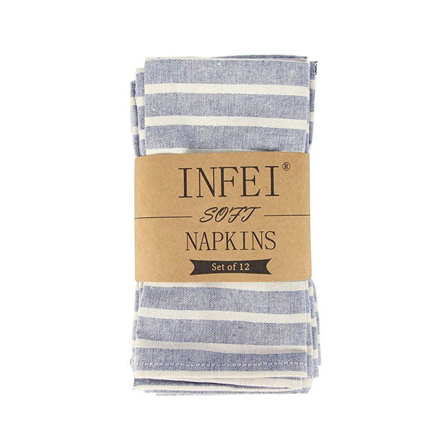 INFEI Soft Broad Striped Linen Cotton Dinner Cloth Napkins - Set of 12 (40 x 30 cm) - for Events & Home Use (Blue)