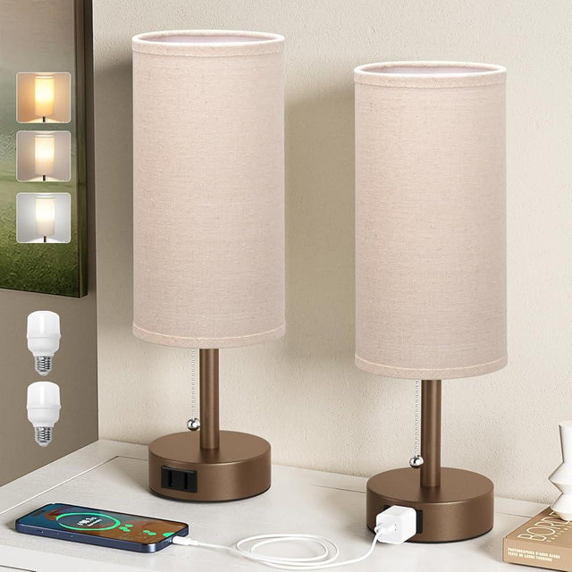 Fenmzee Brown Bedside Table Lamps Set of 2-3 Color Temperatures Pull Chain Lamp with AC Outlet Charging Port, Small Round Night Stand Lamps for Bedroom, Bed Side Light with E26 LED Bulbs