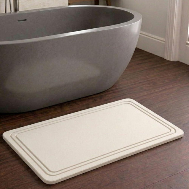 Pebble Nest Stone Bath Mat – Diatomaceous Earth Quick Drying Non-Slip Bathroom Mat – Super Absorbent Diatomite Shower Mat, Durable & Easy to Clean, Modern Bath Rug, 23.6" x 15.3", (Beige - Linea)