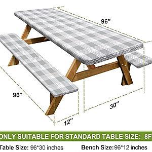 Picnic Table Cover with Bench Covers 96in, Grey Checkered