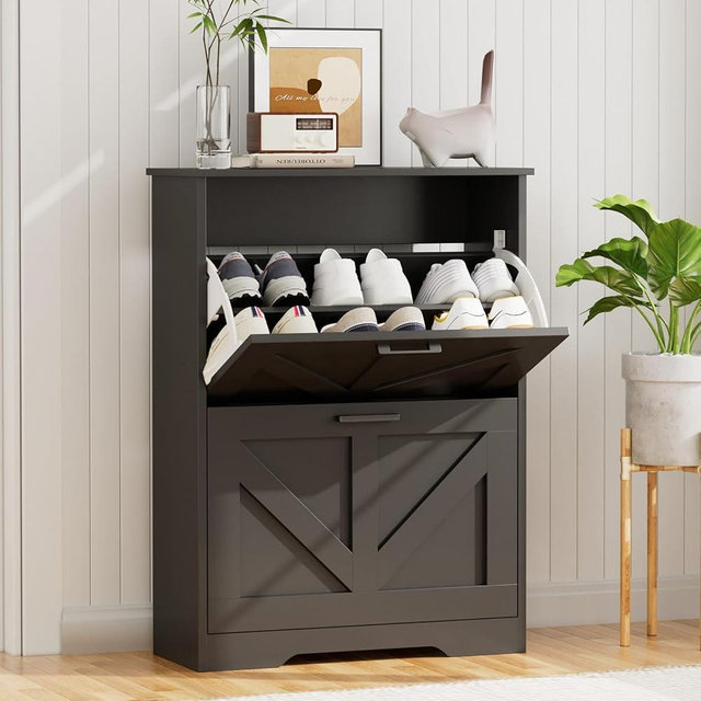 Homleke Farmhouse Shoe Cabinet for Entryway with Barn-Style Flip Drawers, Narrow Shoe Storage Organizer with Top Display Shelf, Adjustable Shelves, Shoe Rack for Hallway, Closet- (Black, 24")