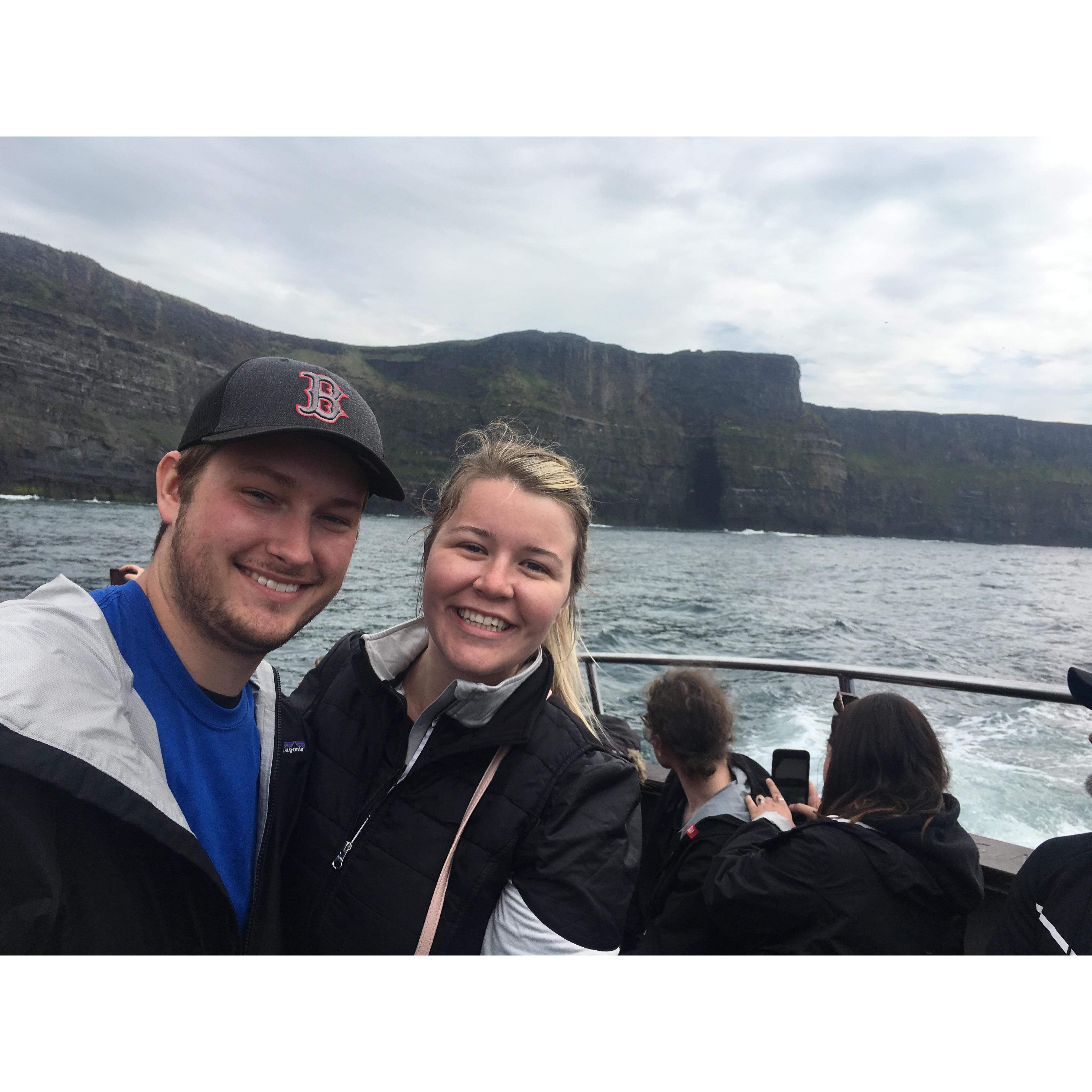 Our first European trip, here we are off the coast of Ireland at the Cliffs of Moher.
