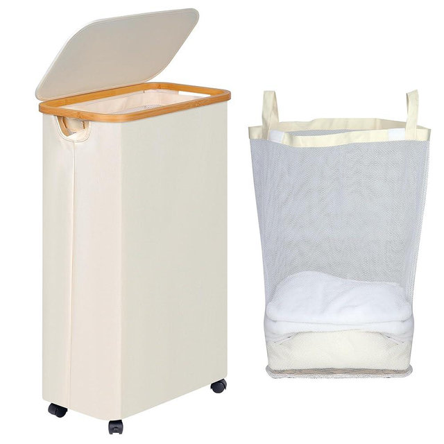 efluky Slim Laundry Hamper with Wheels, Narrow Laundry Basket with Lid and Removable Bag, Aesthetic Dirty Clothes Hamper on Wheels for Laundry Room, Bedroom, Dorm and Bathroom, 75L Beige