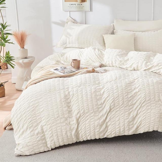 HYMOKEGE Ivory Duvet Cover King Size, Ultra Soft 3-Piece Seersucker Duvet Cover Set with Zipper Closure, Soft Brushed Microfiber Bedding Set with 8 Corner Ties (104"x90", 2 Pillowshams)