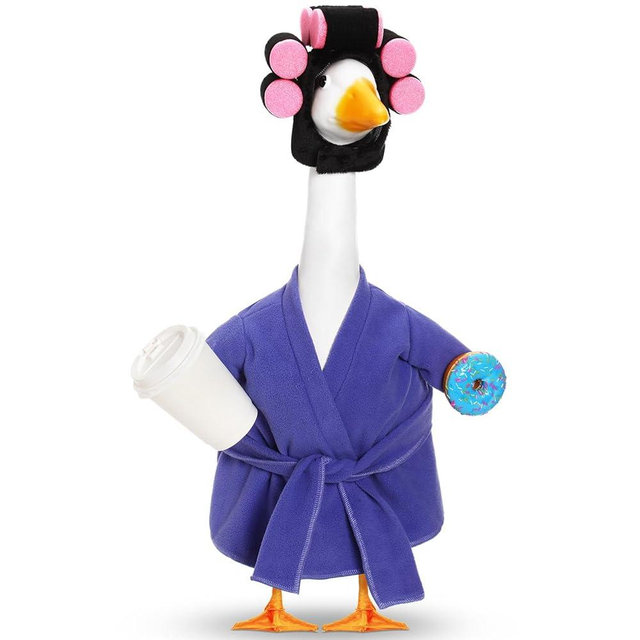 Shyyween Christmas Porch Goose Outfit 23 Inch, Lady Goose Clothes Winter Porch Geese Accessories Purple Pajamas Robe Curlers and Coffee Cup for Concrete Statue Outdoor Yard Cement Geese Decoration