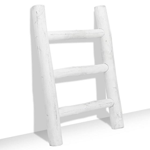 FUIN Fully Assembled Wooden Tea Towel Ladder, Mini Ladder Towel Rack Display Hanger, Small Rustic Farmhouse Tea Towel Stand Holder for Country Bathroom Decor, White