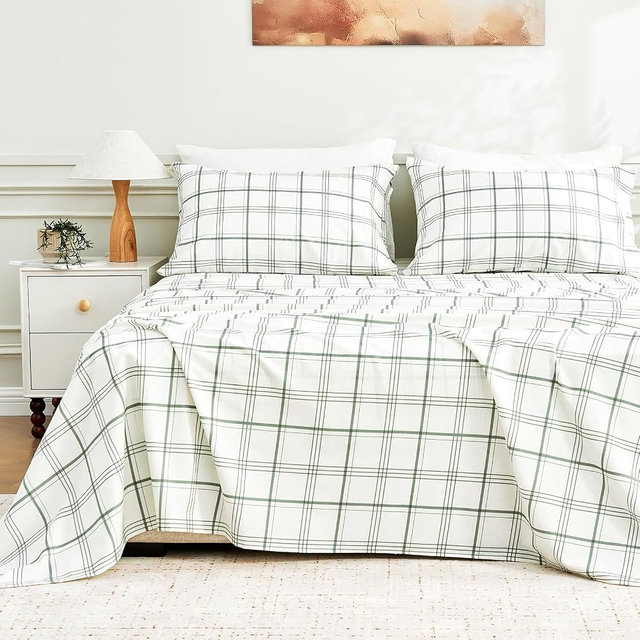MEISHANG 100% French Pure Linen Sheets Queen Size - Bed Sheets 4 Piece Sets, Soft Durable Flax Linen, Anti-Tear Breathable Moisture Wicking with 16" Deep Pocket (Green Plaid)
